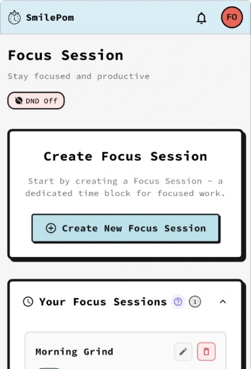 SmilePom Focus Session screen showing session creation and your scheduled focus blocks