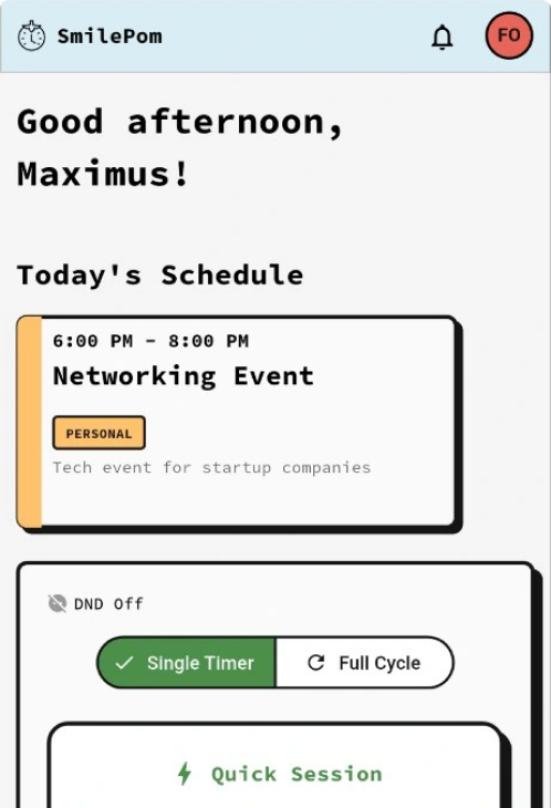 SmilePom Home dashboard showing schedule, Quick Focus timer, and task overview