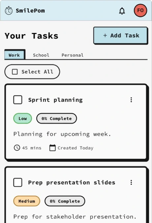 SmilePom Task Tracking screen showing tasks organized by Work, School, and Personal categories